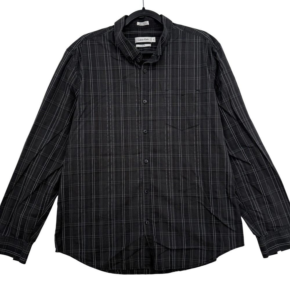 Calvin Klein Button Down Shirt Mens XL Grey Plaid Slim Fit Long Sleeve Casual